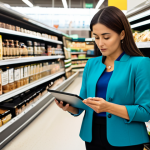 A professional-looking woman in modest business casual attire, standing in a brightly lit, modern supermarket aisle. She holds a sleek protein bar, thoughtfully examining the nutrition label on the package, while her other hand holds a tablet displaying a clear chart of ingredients and nutritional data. The background features various shelves with diverse, modern healthy snack options. The scene conveys conscious, smart snacking choices. Professional photography, high quality, fully clothed, modest clothing, appropriate attire, safe for work, perfect anatomy, correct proportions, natural pose, well-formed hands, proper finger count, natural body proportions, family-friendly.