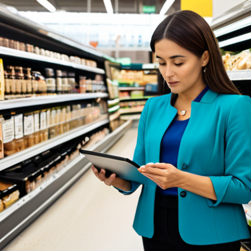 A professional-looking woman in modest business casual attire, standing in a brightly lit, modern supermarket aisle. She holds a sleek protein bar, thoughtfully examining the nutrition label on the package, while her other hand holds a tablet displaying a clear chart of ingredients and nutritional data. The background features various shelves with diverse, modern healthy snack options. The scene conveys conscious, smart snacking choices. Professional photography, high quality, fully clothed, modest clothing, appropriate attire, safe for work, perfect anatomy, correct proportions, natural pose, well-formed hands, proper finger count, natural body proportions, family-friendly.
