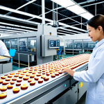A professional female factory technician in a clean, modest uniform, observing a highly automated confectionery production line inside a modern smart factory. Robotic arms precisely package gourmet snacks on a pristine conveyor belt, while large, glowing holographic displays show real-time data and AI-driven quality control metrics. The factory interior is bright, meticulously clean, with advanced machinery and subtle IoT sensors visible. The scene emphasizes efficiency and high technology. safe for work, appropriate content, fully clothed, professional, family-friendly, perfect anatomy, correct proportions, natural pose, well-formed hands, proper finger count, natural body proportions.