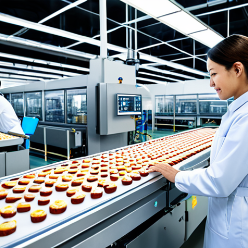 A professional female factory technician in a clean, modest uniform, observing a highly automated confectionery production line inside a modern smart factory. Robotic arms precisely package gourmet snacks on a pristine conveyor belt, while large, glowing holographic displays show real-time data and AI-driven quality control metrics. The factory interior is bright, meticulously clean, with advanced machinery and subtle IoT sensors visible. The scene emphasizes efficiency and high technology. safe for work, appropriate content, fully clothed, professional, family-friendly, perfect anatomy, correct proportions, natural pose, well-formed hands, proper finger count, natural body proportions.