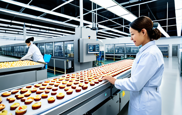 A professional female factory technician in a clean, modest uniform, observing a highly automated confectionery production line inside a modern smart factory. Robotic arms precisely package gourmet snacks on a pristine conveyor belt, while large, glowing holographic displays show real-time data and AI-driven quality control metrics. The factory interior is bright, meticulously clean, with advanced machinery and subtle IoT sensors visible. The scene emphasizes efficiency and high technology. safe for work, appropriate content, fully clothed, professional, family-friendly, perfect anatomy, correct proportions, natural pose, well-formed hands, proper finger count, natural body proportions.