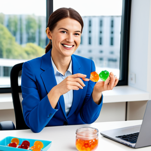 A professional woman in a crisp, modest business suit, taking a brief, pleasant break at a modern, clean office desk. She holds a colorful probiotic gummy, smiling subtly with a sense of wellness. Natural daylight streams through the window. The scene emphasizes healthy choices and a productive workday. fully clothed, appropriate attire, professional dress, safe for work, appropriate content, family-friendly, perfect anatomy, correct proportions, natural pose, well-formed hands, proper finger count, natural body proportions, professional photography, high quality, ultra-detailed.