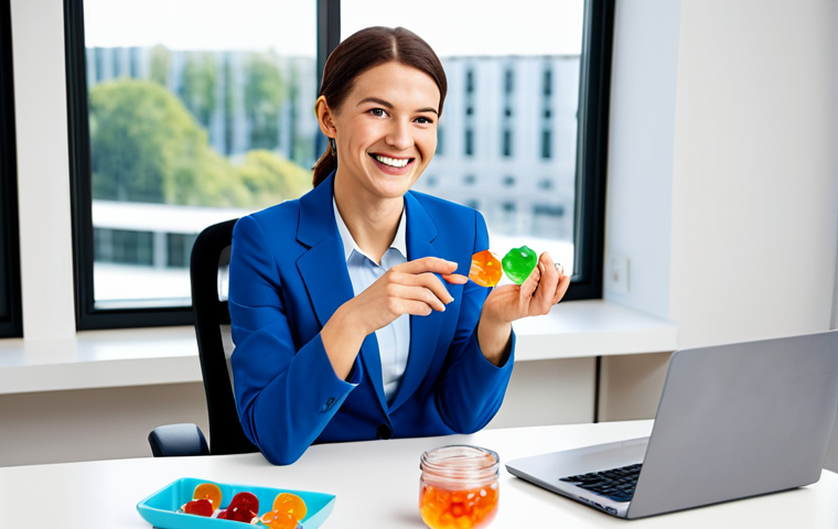 A professional woman in a crisp, modest business suit, taking a brief, pleasant break at a modern, clean office desk. She holds a colorful probiotic gummy, smiling subtly with a sense of wellness. Natural daylight streams through the window. The scene emphasizes healthy choices and a productive workday. fully clothed, appropriate attire, professional dress, safe for work, appropriate content, family-friendly, perfect anatomy, correct proportions, natural pose, well-formed hands, proper finger count, natural body proportions, professional photography, high quality, ultra-detailed.