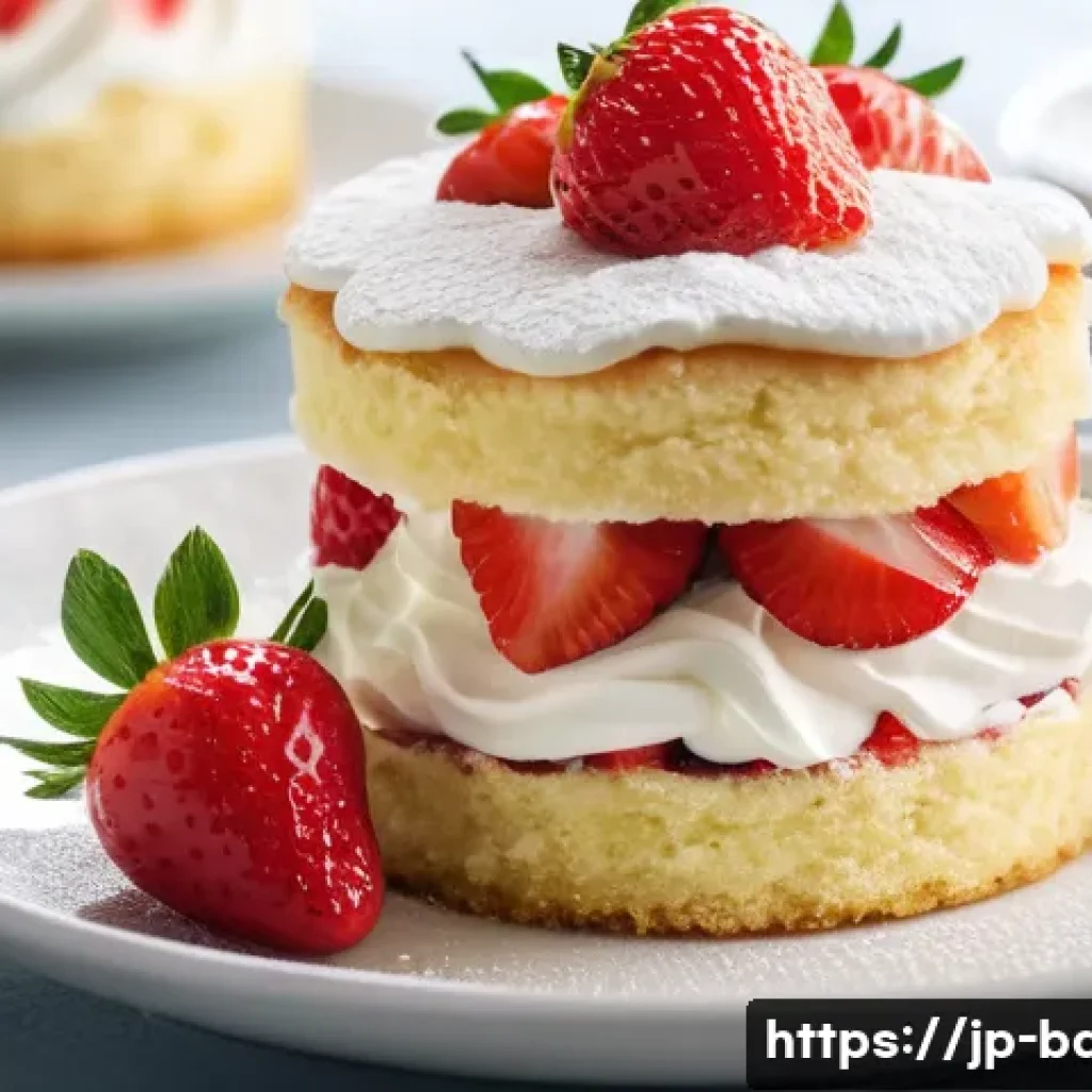 부드러운 제과 제품 추천 - A close-up shot of a moist, fluffy strawberry shortcake on a delicate porcelain plate, featuring lay...