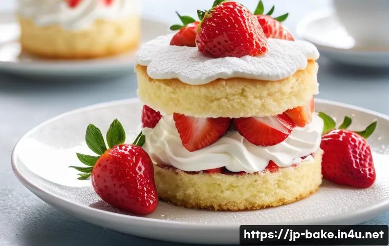 부드러운 제과 제품 추천 - A close-up shot of a moist, fluffy strawberry shortcake on a delicate porcelain plate, featuring lay...