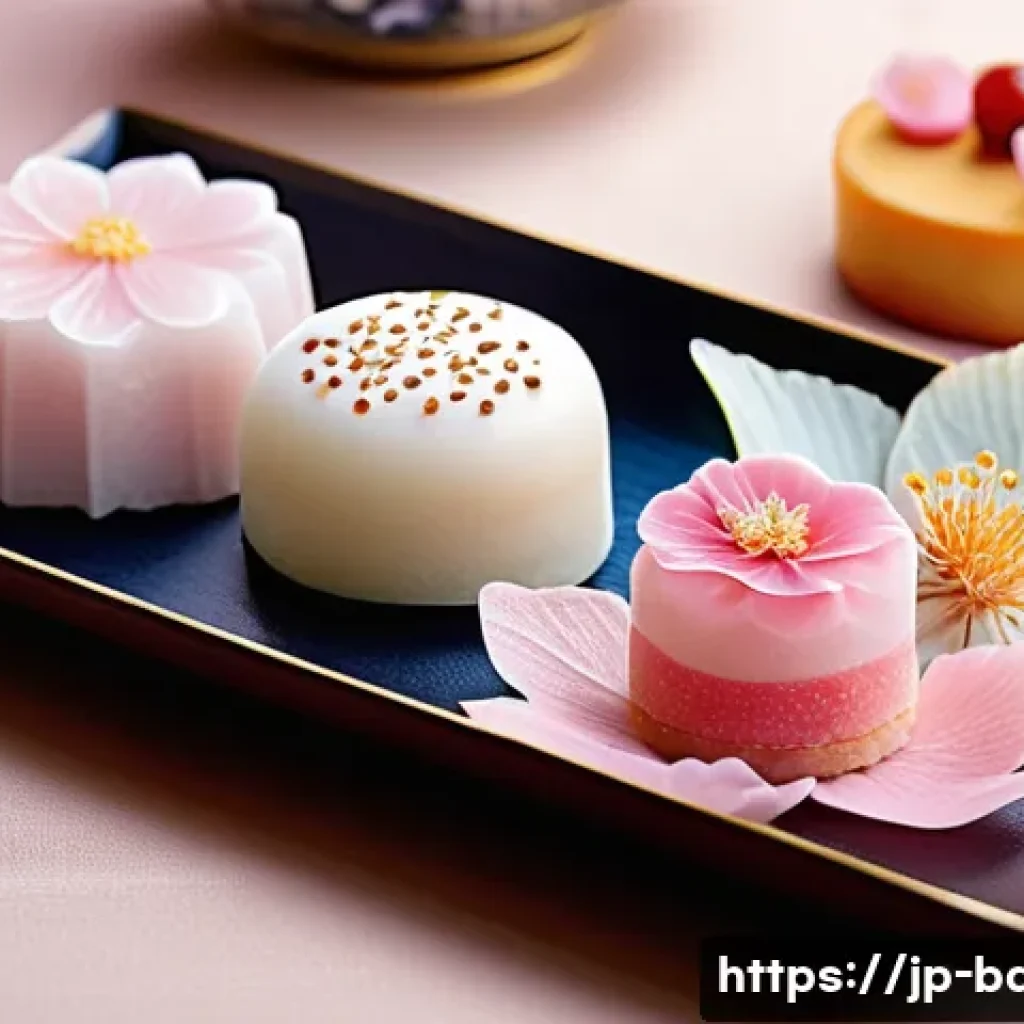 선물용 제과 제품 - A beautifully arranged seasonal Japanese dessert platter featuring sakura-themed sweets in delicate ...