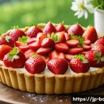 기념일 선물 제과 - A vibrant spring-themed strawberry tart featuring bright red strawberries and fresh green leaves arr...
