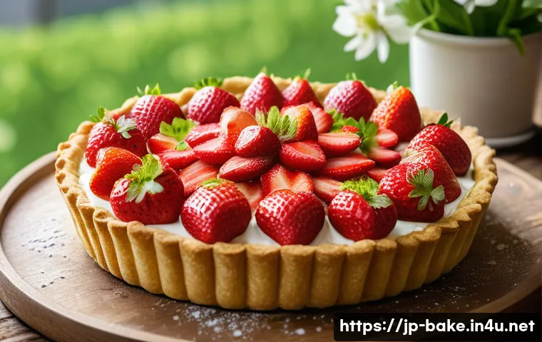 기념일 선물 제과 - A vibrant spring-themed strawberry tart featuring bright red strawberries and fresh green leaves arr...