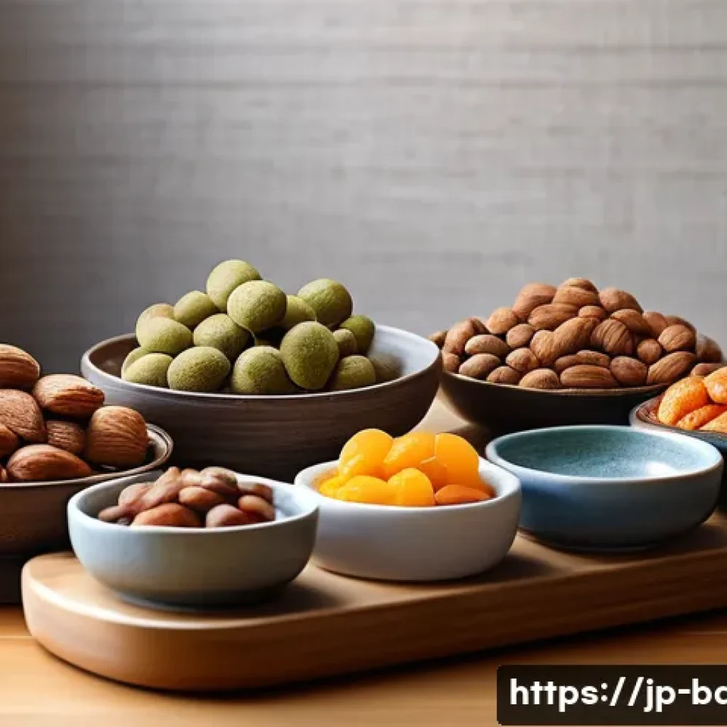 에너지 보충 간식 - A cozy modern Japanese kitchen scene featuring a variety of natural snacks arranged on a wooden tabl...