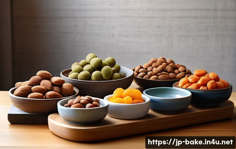 에너지 보충 간식 - A cozy modern Japanese kitchen scene featuring a variety of natural snacks arranged on a wooden tabl...