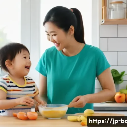 어린이 영양을 고려한 과자 - A cheerful Japanese mother and her young child wearing colorful casual clothes and a diaper, happily...