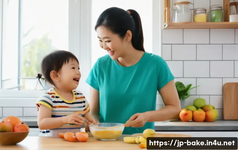 어린이 영양을 고려한 과자 - A cheerful Japanese mother and her young child wearing colorful casual clothes and a diaper, happily...