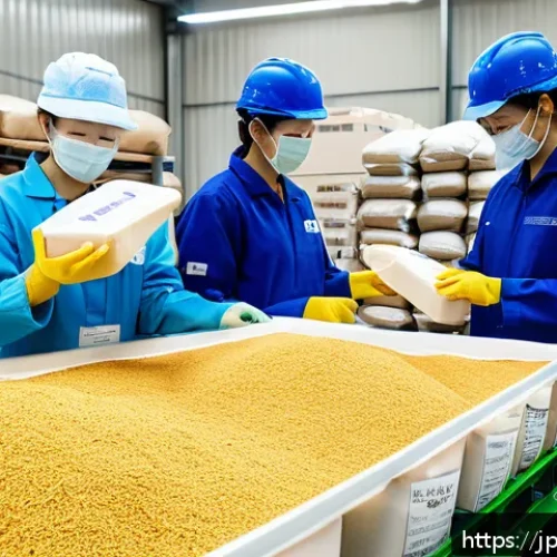 제과 원료의 수입 동향 - A detailed scene of a modern confectionery raw material warehouse in Japan, showcasing large sacks a...
