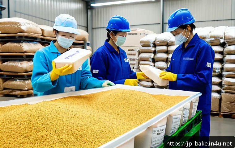 제과 원료의 수입 동향 - A detailed scene of a modern confectionery raw material warehouse in Japan, showcasing large sacks a...