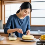 설탕 대체제 사용 제과 - A bright and modern kitchen scene featuring a Japanese woman in casual clothing carefully preparing ...
