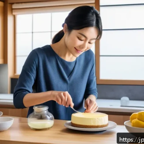 설탕 대체제 사용 제과 - A bright and modern kitchen scene featuring a Japanese woman in casual clothing carefully preparing ...