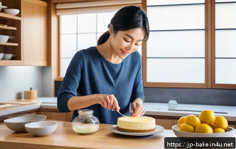 설탕 대체제 사용 제과 - A bright and modern kitchen scene featuring a Japanese woman in casual clothing carefully preparing ...
