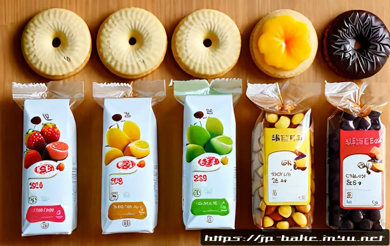 제과 제조사별 인기 제품 - Photorealistic overhead comparison scene of popular Japanese-style confectionery products arranged i...