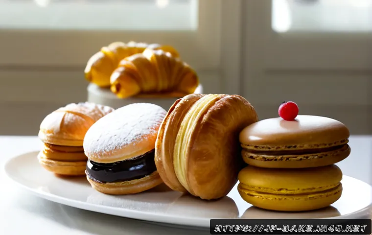 프랑스식 제과 제품 - Photorealistic French pastry assortment in a refined patisserie display, buttery croissants, glossy ...