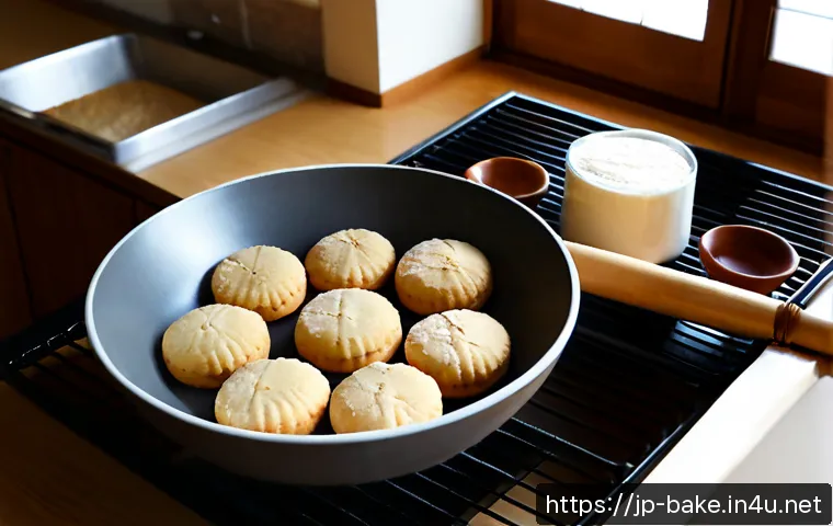 홈메이드 제과 레시피 - Photorealistic home baking scene in a bright Japanese-style kitchen, freshly baked buttery cookies c...